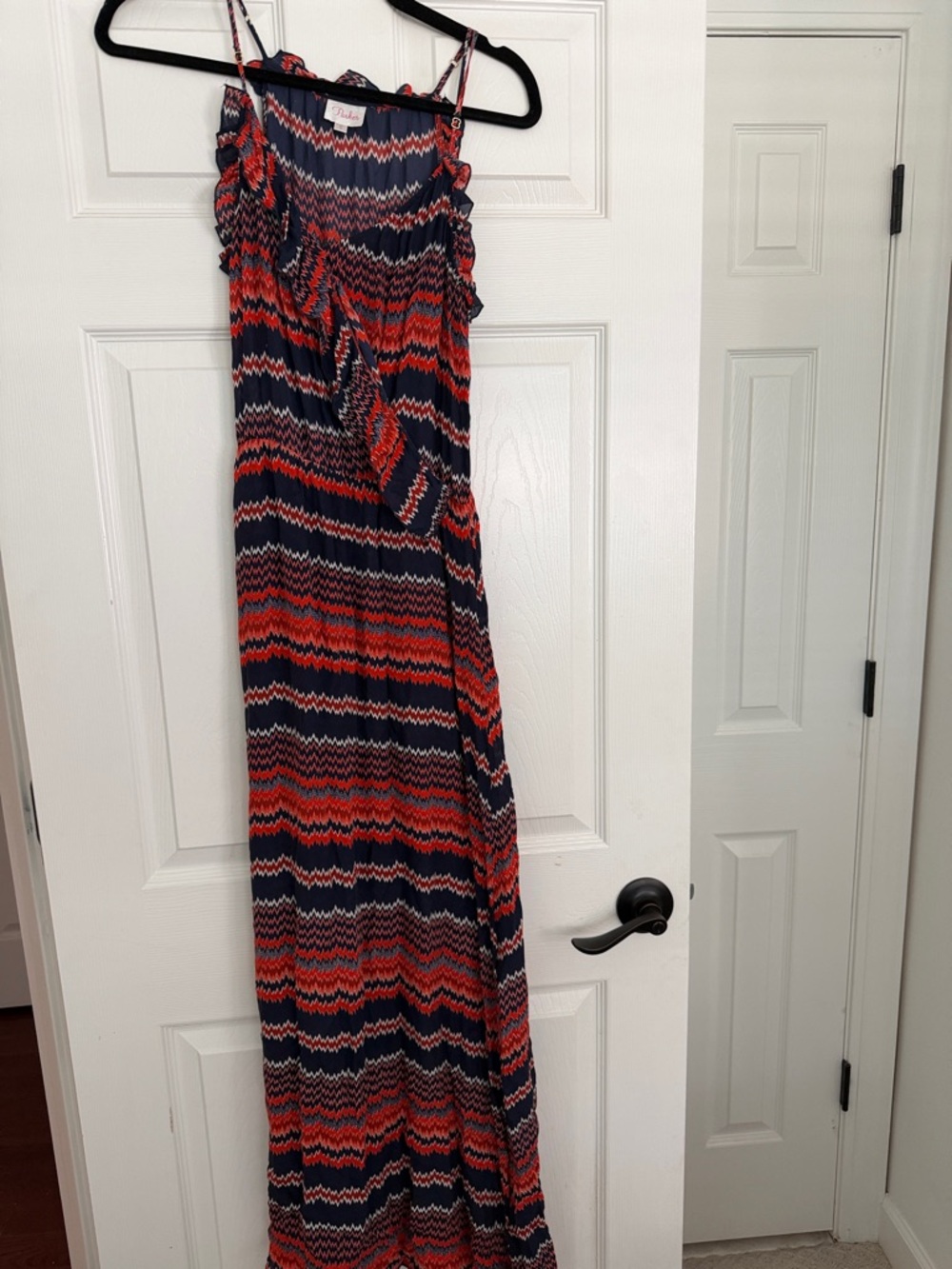 Parker 100% silk zigzag Maxi Dress adjustable Spaghetti Straps S